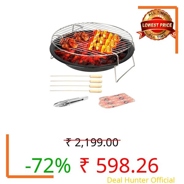 Pivalo Round Charcoal Barbeque Grill Set | Tandoori BBQ for Home & Outdoor Use | 4-Piece Combo | 4 Skewers | 1 Glove | 1 Tong | Foldable BBQ for Camping, Picnic & Travel Cooking (Pack of 1, Black)
