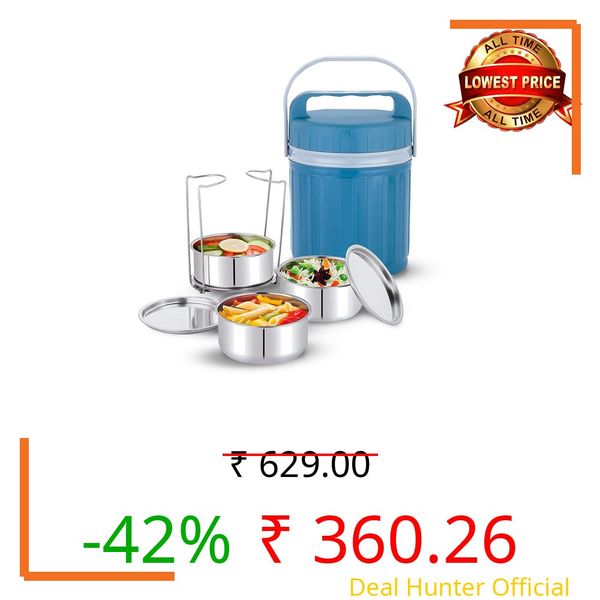 WARMEO PRO Meal 3 Pcs Stainless Steel Containers 250 ml Each, PU Insulated, Hot & Cold Leak-Proof Lunch Box for Office, College, Picnic, Blue