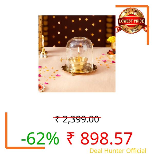 Amazon Brand Solimo - Brass Akhand Jyot Diya with Adjustable Wick Knob & Glass Cover | Large Size – 13.5 x 13.5 x 13.5 cm | Handcrafted Oil Lamp for Home & Pooja Room