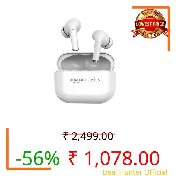 Amazon Basics TWS Wireless in Ear Earbuds, Bluetooth 6.0 Earphones with Mic, 55H Playtime, Bluetrum 5656A Chipset, Compact 500 mAh Charging Case, Clear Calls, Ergonomic Design (White)