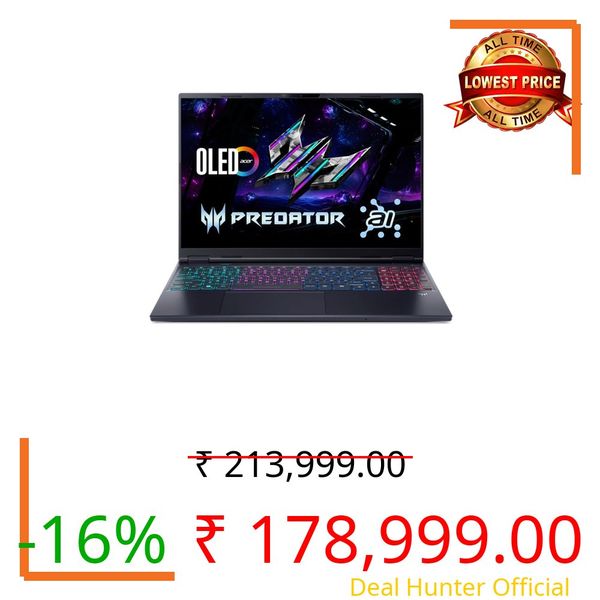 acer Predator Helios Neo 16S AI,Intel Core Ultra 7 Processor 255HX,RTX 5070-8 GB GDDR7,16 GB/1 TB,WQXGA OLED,16.0"/40.64 cm,240Hz,Win 11 Home,Abyssal Black,2.3 kg,PHN16S-71, RGB KB,Gaming Laptop
