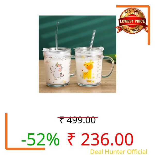 ANKUL Glass Coffee Mug with Straw Green Tea Sipper Tumbler Mugs with Lid - Pack of 1- Travel Mug, Drinking Glass, Mason jar, Can Sipper,Milk Mugs,Juice Cup (1, Kid)