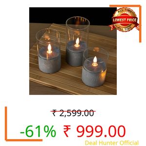 amazon basics LED Pillar Candles, Set of 3 (7.5X10 CM, 7.5X12.5 CM, 7.5X15 CM), Clear Glass & Cement Base, Warm White Flickering Flame, Remote Controlled, Flameless Battery Operated Pillars