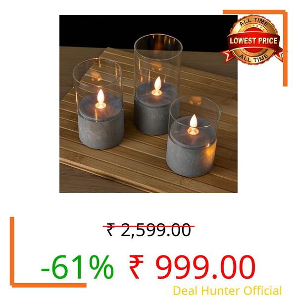 amazon basics LED Pillar Candles, Set of 3 (7.5X10 CM, 7.5X12.5 CM, 7.5X15 CM), Clear Glass & Cement Base, Warm White Flickering Flame, Remote Controlled, Flameless Battery Operated Pillars