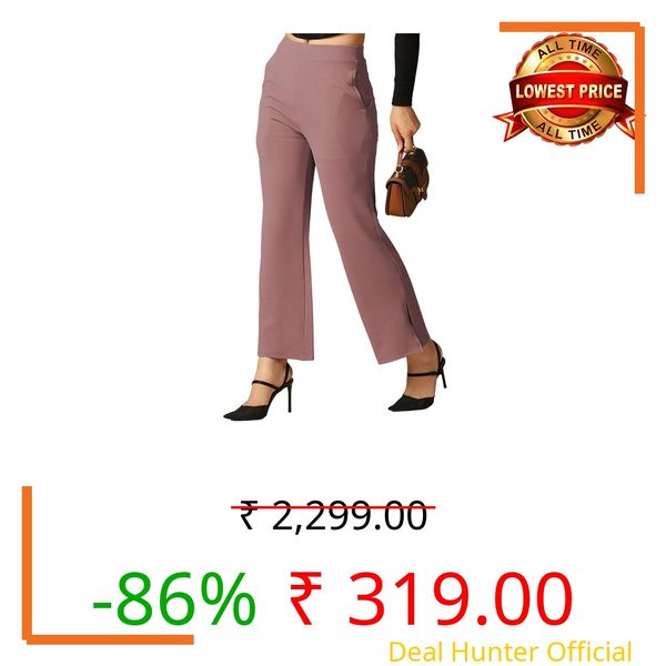 SIRIL Women's Straight Fit Mid Rise Textured Lycra Solid Regular Fit Trouser Pant for Office, Elegant Workwear for Office, College & Events (865BTK222-M_Dusty Pink)