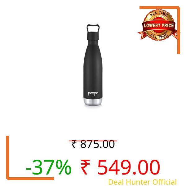 Go24 pexpo Erica Stainless Steel Water Bottle 500ml | Hot and Cold Thermo Flask | ISI Certified Steel Bottle | Triple Wall Insulation | Leakproof | for Home, Office, School | Knight Black