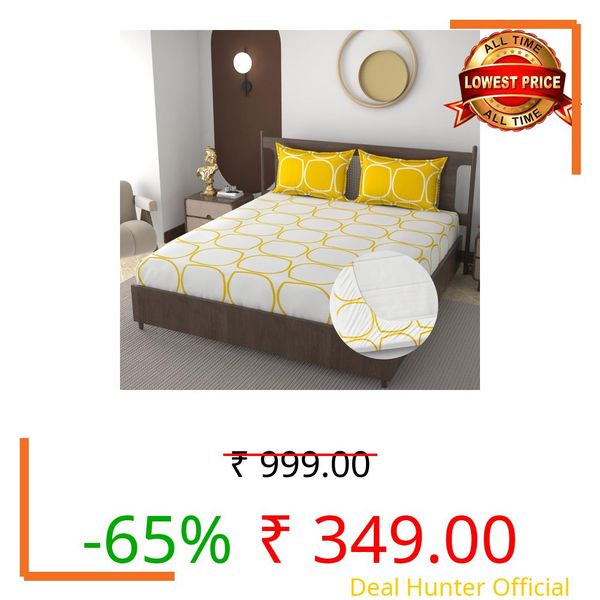 KAARIGIRI Cotton Feel Glace Cotton Elastic Fitted Printed King Size Double Bed Bedsheet with 2 Pillow Cover(72"x78", Pastel Green), 300-350 threadcount (White Yellow Circle Pilo Yellow)