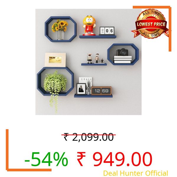 AALIYA MART Wooden Floating Wall Shelves, Octagonal Shape Set of 6 Wall Shelves | Creative Wall Display Racks for Books, Plants | Decorative Shelf for Living Room, Bedroom, Office (Navy Blue)