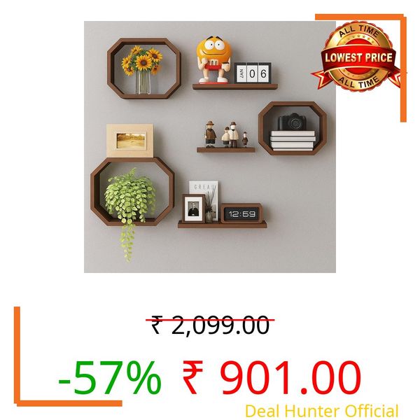 AALIYA MART Wooden Floating Wall Shelves, Octagonal Shape Set of 6 Wall Shelves | Creative Wall Display Racks for Books, Plants | Decorative Shelf for Living Room, Bedroom, Office (Brown)