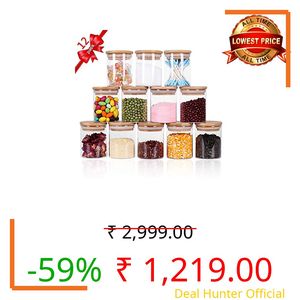 TIENER Spice Jars with Airtight Bamboo Lid | 220ml Glass Spice Bottles, Seasoning Containers for Salt, Sugar, Coffee Beans | Set of 12 Round Jars with Wooden Lids | with spice masala lables sticker