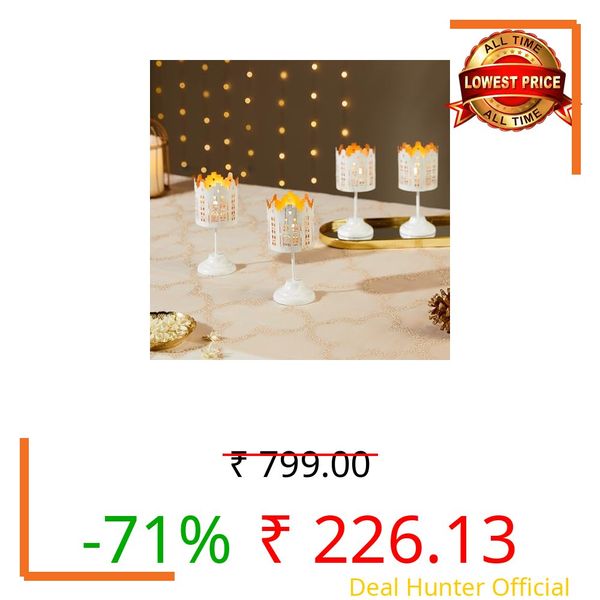Amazon Brand - Solimo Tea Light Votive Stand – House Design, White Iron with Gold Interior, Set of 4 (Size: L-6 cm x W-6 cm x H-13 cm)
