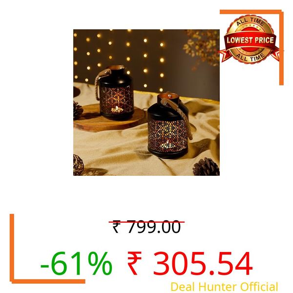 Amazon Brand - Solimo Tea Light Lantern – Round Bottle Design, Black Iron with Gold Interior, Set of 2 (Size: L-10 cm x W-10 cm x H-15 cm)