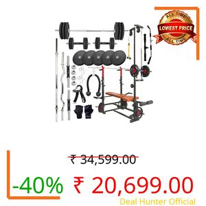 NOVIAN FITNESS: 20 in 1 Home Gym Bench Pro with 100KG Rubber Weight Plates Combo Kit, 3ft Curl Rod, 5Ft Straight Bar, 2 Dumbbells Rod, Gripper & Gloves, Full Body Workout Set, Ultimate Strength Kit, Home workout setup