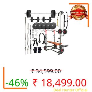 NOVIAN FITNESS: 20 in 1 Home Gym Bench Pro with 90KG Rubber Weight Plates Combo Kit, 3ft Curl Rod, 5Ft Straight Bar, 2 Dumbbells Rod, Gripper & Gloves, Full Body Workout Set, Ultimate Strength Kit, Home workout setup