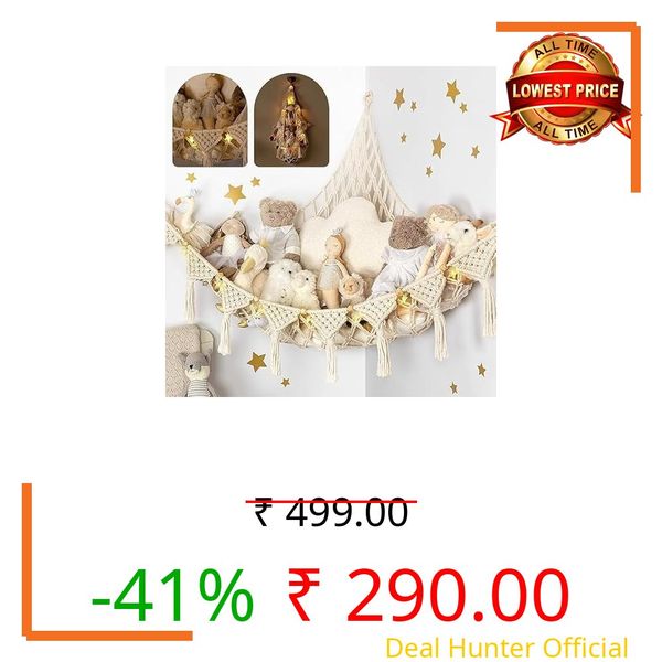 Boho-Chic Macrame Toy Hammock – Decorative Nursery Storage with Warm Fairy Lights & Plush Companions