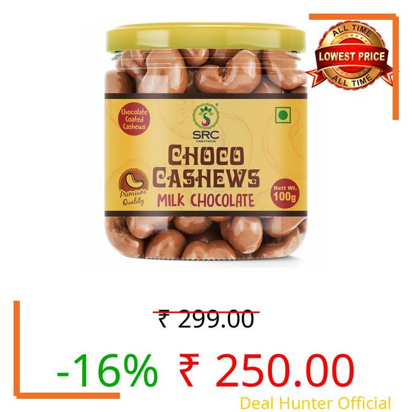 SRC CREATIONS Milk Chocolate Coated Cashews 100g | Glass Jar Packing | Chocolate Coated Nuts