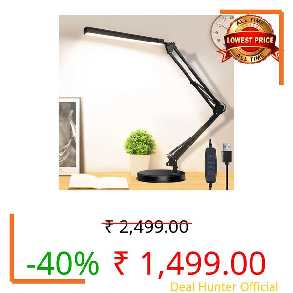 BROLAVIYA Heavy Base LED Desk Lamp Light with Metal arm Table Lamp Stand,3 Lighting Modes,360 Degree Spin for Home Office,Desktop,Bedroom,Reading, Study lamp etc