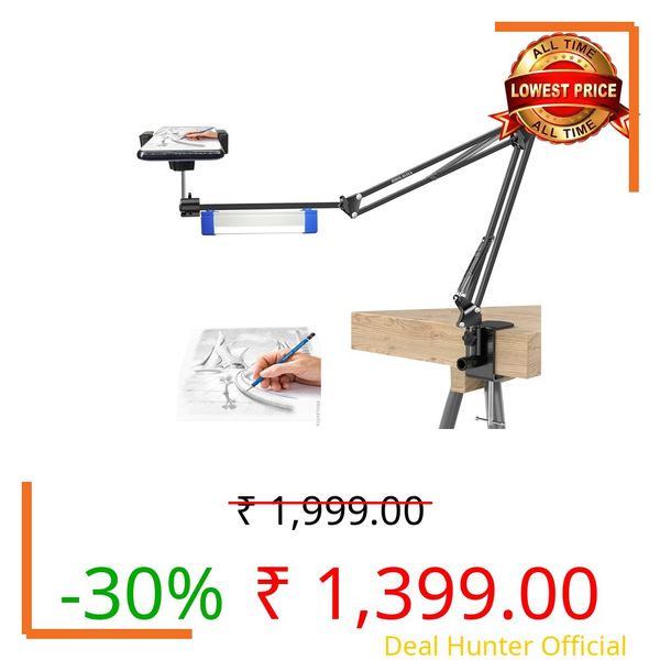 BROLAVIYA Overhead Video Mobile Stand with 17cm Rechargeable LED Tube Light, New Extra-Long Arm, 1/4" Head, 2 Way Clip Clamp, and Mobile Bracket, for Photography, Video, reels, Black