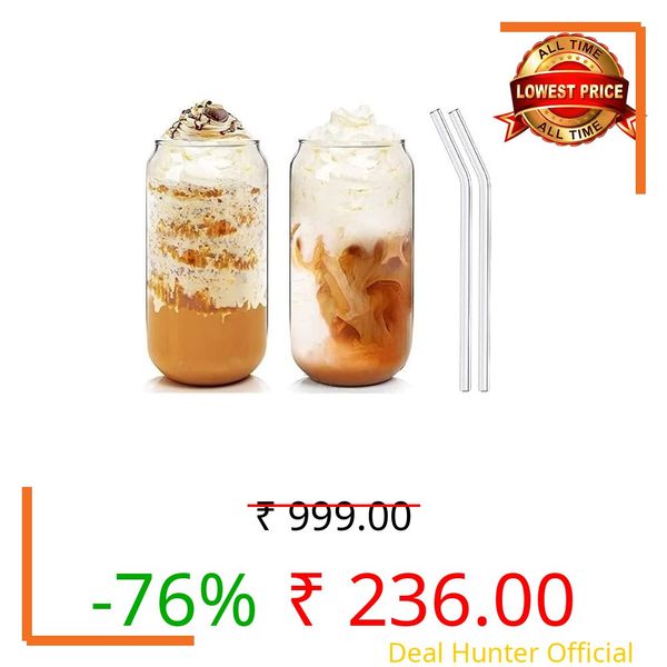 MMTS World Glass Sipper Tumbler with Straw Mug for for Milk/Coffee/Green Tea Cup Set for Adults and Kids - Pack of 2 - Fruit Juice Milk Cup Sipper Tea (2 Glass Can with Straw)