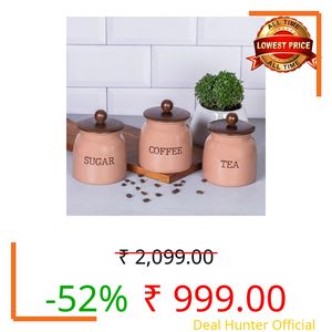 Metallure Home Modern Kitchen Set | Air Tight Containers for Kitchen Storage | Sugar Tea Coffee Container Set of 3 | Wooden Lid & Metal Canisters | Food-Safe Jar Set (Mocha Mousse)