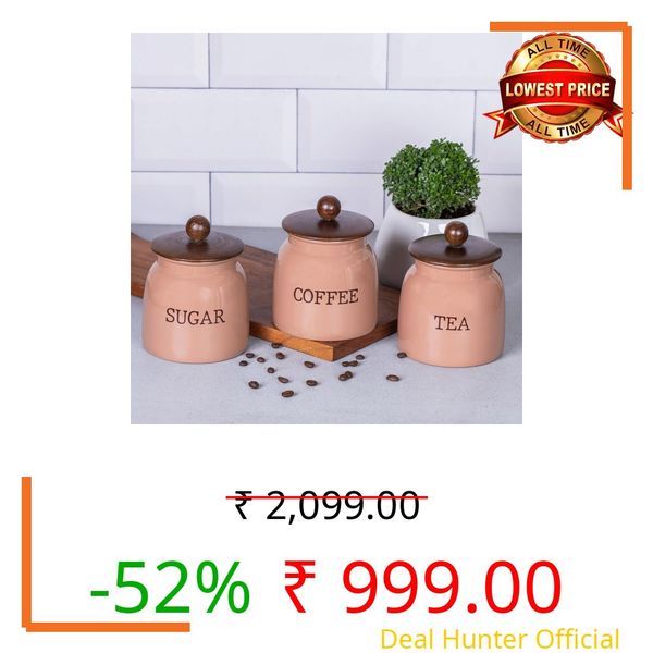 Metallure Home Modern Kitchen Set | Air Tight Containers for Kitchen Storage | Sugar Tea Coffee Container Set of 3 | Wooden Lid & Metal Canisters | Food-Safe Jar Set (Mocha Mousse)