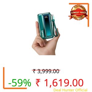 Philips 10000mAh 30W Max Fast Charging Power Bank (Chrystal Teal) with Built-in Cable | Type-C Input/Output | 3 Output Ports | Lithium Polymer | Portable for Mobile, Tablet & Earbuds