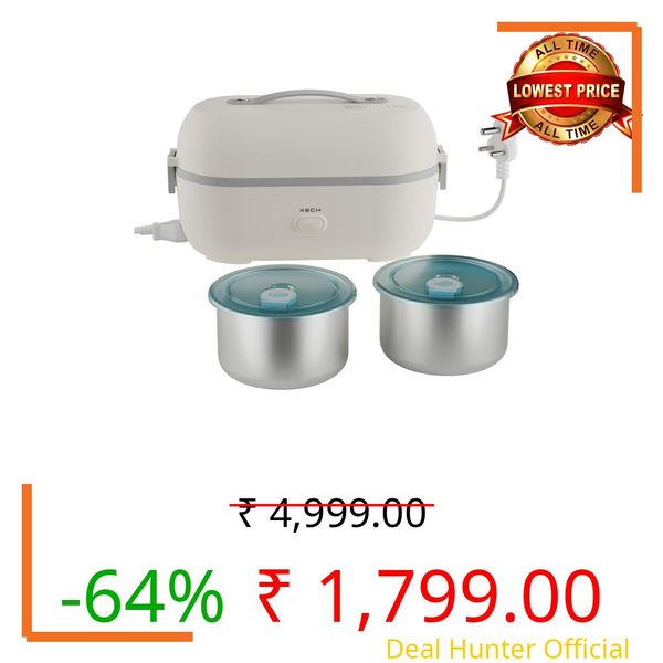 Xech Electric Lunch Box for Office & Travel | Heated Tiffin Box Heater | Hot Food in 5 Minutes Steam Heating | 2 Leakproof Stainless Steel Containers | Auto Cut-Off | Cool Touch Body