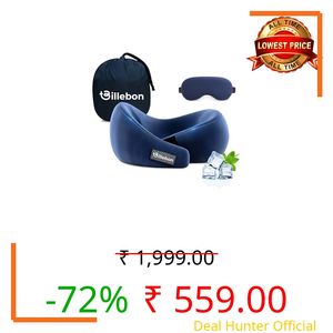 Billebon Gel Infused Memory Foam Neck Pillow, Travel Pillow with Adjustable Velcro Straps, Neck Pillow for Travelling & Flight Travel, Ergonomic Support for Comfort & Pain Relief (Navy Blue Combo)