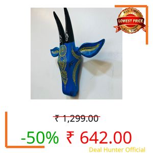 KRYVA - Handpainted Wooden Blue Cow Head Wall Hanging 10 Inch Bull Head Nandi Wall Decor for Home Living Room Entrance – Vintage Ethnic Spiritual Decorative Art Sculpture
