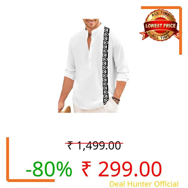 FINIVO FASHION Men’s Short Kurta with Printed Geometric Side Panel | Cotton Blend Full Sleeve Ethnic Topwear with Mandarin Collar | Stylish Indo-Fusion Kurta for Daily, Festive, or Casual Wear White