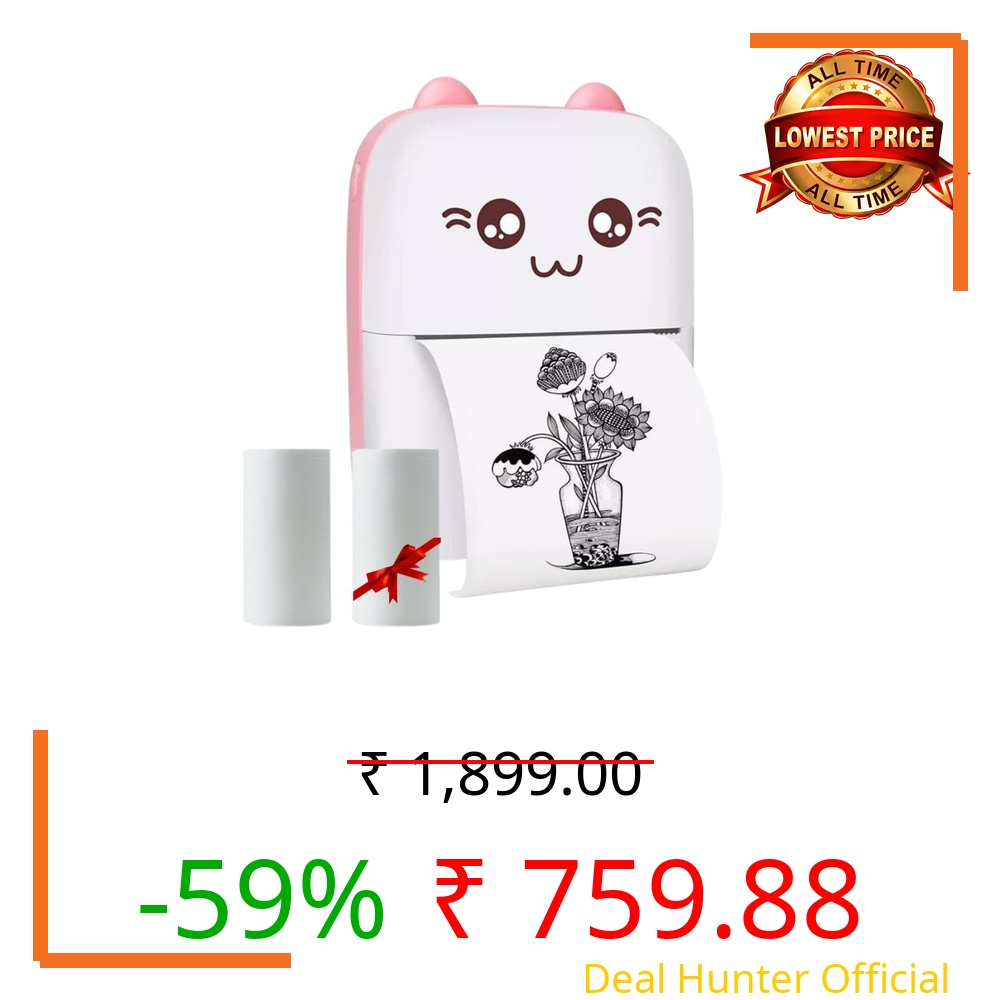 Toy Imagine Mini Portable Thermal Printer – Bluetooth Pocket Printer for Kids & Adults, 57mm Inkless Photo & Label Printer with (1 Roll + 1 Extra Roll) Prints B&W Notes & Stickers (Assorted)