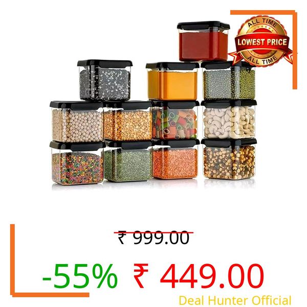 DV ZONE Kitchen Storage Containers Set of 12 – 500ml Unbreakable Airtight Plastic Jars for Cereals, Snacks, Pulses, Sugar, Tea, Coffee, Flour, Spices – Pantry Organizer for Kitchen