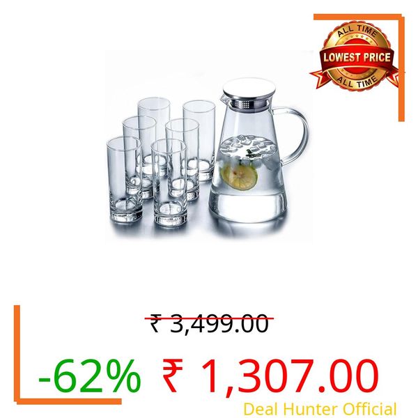 Mevanta Premium Water and Juice Glass & Borosilicate Jug Set Combo [6 Piece Glass 350ML & 1 Piece Jug 1.8 Liter] Transparent Pitcher Set for Dining Table, Home & Restaurant,Party (MTS - 02)