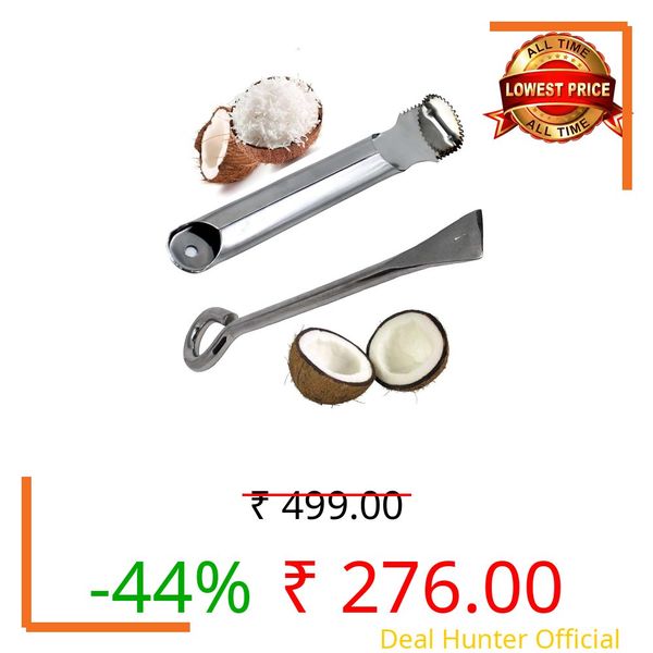 Coconut Opener & Peeler Kitchen Tool Set | Stainless Steel Shell Breaker, Cutter, Slicer & Coconut Grater Combo for Tender & Mature Coconuts | Kitchen Accessory Combo