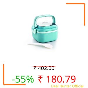 Ganesh 1 Compartment Cubex Insulated Food Container with Attractive Spoon - Airtight Leak-Proof Lunch Box for Office, School, Picnic 380ml- Green