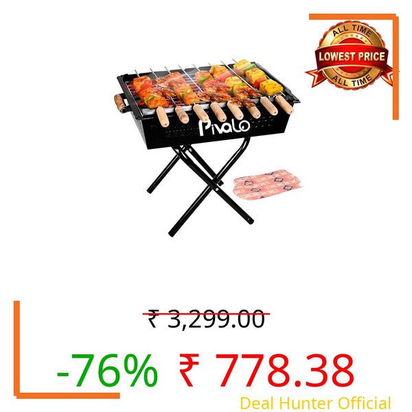 Pivalo Charcoal Barbeque Grill Set | Tandoori BBQ for Home & Outdoor Use | 4 Piece Combo | 8 Skewers | 1 Glove | 1 Tong | Foldable Standing BBQ for Camping, Picnic & Travel Cooking (Pack of 1, Black)