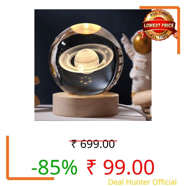 PIXSHINE 3D Saturn Crystal Globe Lamp | Engraved Crystal Ball Night Light with Wooden Base | USB LED Table Lamp for Bedroom, Office, Home Decor & Gift Purpose (Saturn, Warm White)