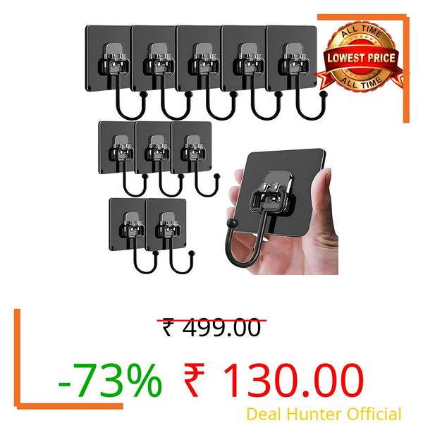 Atharved Extra Strong Self-Adhesive Big Wall Hooks | 10 Piece Black Metal Hooks | 5 kg Weight Capacity | Waterproof & No Trace | Ideal for Wall, Kitchen Utensils, Keys, Clothes | Durable & Reliabl