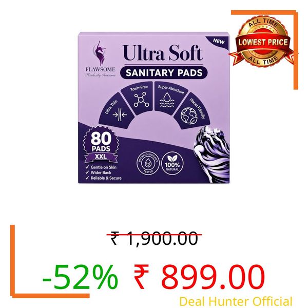 Flawsome Organic Cotton Sanitary Pads for Women & Girls | XXL Size, Pack of 80 | Ultra Soft, Rash-Free & Breathable | Leak-Proof with Wings | Extra Long Heavy Flow Overnight Protection | With Disposal Pouch