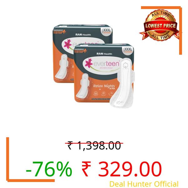 everteen Relax Night 60 XXXL Ultra Thin Sanitary Pads for Women, For Super Heavy Flow with Wider Back, Front to Back Coverage, Upto 12 Hours of Absorption, Maternity Pads, Pack of 2 (410mm)