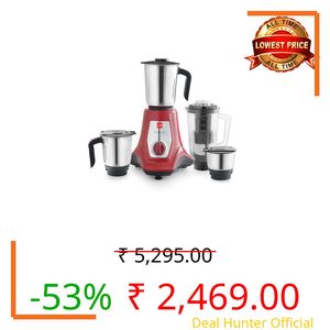 CELLO Trion Mixer Grinder For Home & Kitchen 750 Watts Red | 3 Stainlee Steel Jars + 1 Juicer Jar, Powerful Copper Motor, 3 Speed Control | Ideal For Blending Grinding Juicing Mixing | 1 Year Warranty