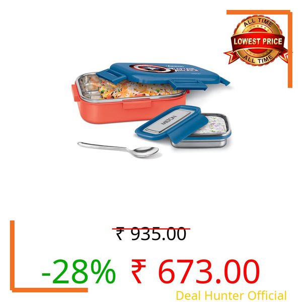 MILTON Marvel Hugo Inner Steel Tiffin Box for School with Stainless Steel Container | PU Insulated, Food Grade Lunch Box with Snap Lock Lid for Kids, 700 ml, Blue (Captain America Print)