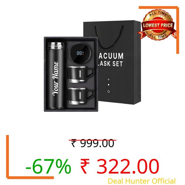 CORPORATE PORIUM Name Printed Double Wall Stainless Steel Thermo 800ml, Temperature Touch Display Hot & Cold Bottle, Vacuum Insulated Flask Diwali Gift Set with Two Cups (Temp-Vacuum)