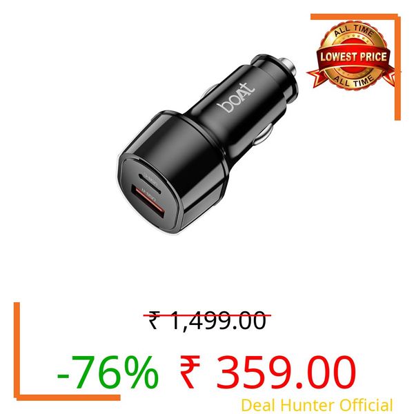 Boat 55W Car Charger with Dual Port USB-A and USB-C; Supports QC, PD & PPS Advanced Charging Protocols | 12-Layer Smart IC Protection | Compact, Lightweight, Heat & Scratch Resistant (Carbon Black)