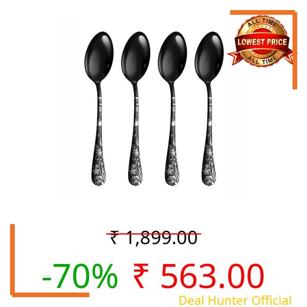 Heimora Elegant (Black, Set of 4) Floral Stainless Steel Spoon Designer Tea & Dessert Spoons Premium Matte Finish Cutlery for Dining & Gifting