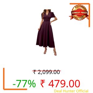 Shasmi Girl's & Women's Magenta Solid Color V-Neck A-Line Maxi Dress for Women | New Year Party Outfit | Waist Cinched Puff Sleeve Western Dress | Elegant Casual Wear (Dress 246 Magenta-S)