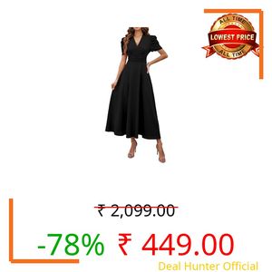 Shasmi Girl's & Women's Black Solid Color V-Neck A-Line Maxi Dress for Women | New Year Party Outfit | Waist Cinched Puff Sleeve Western Dress | Elegant Casual Wear (Dress 246 Black-S)