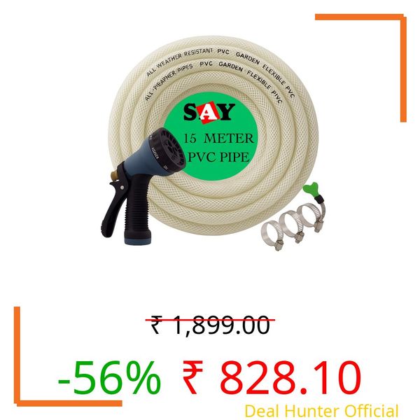 SAY 15M 0.5 Inch Threaded PVC Garden Hose Pipe Transparent with 8 Pattern Spray Gun Tap Connector 3 Clamps Heavy Duty Water Pipe for Garden Car Wash Home Use