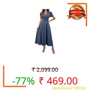 Shasmi Girl's & Women's Indigo Blue Solid Color V-Neck A-Line Maxi Dress for Women | New Year Party Outfit | Waist Cinched Puff Sleeve Western Dress | Elegant Casual Wear (Dress 246 Indigo Blue-M)