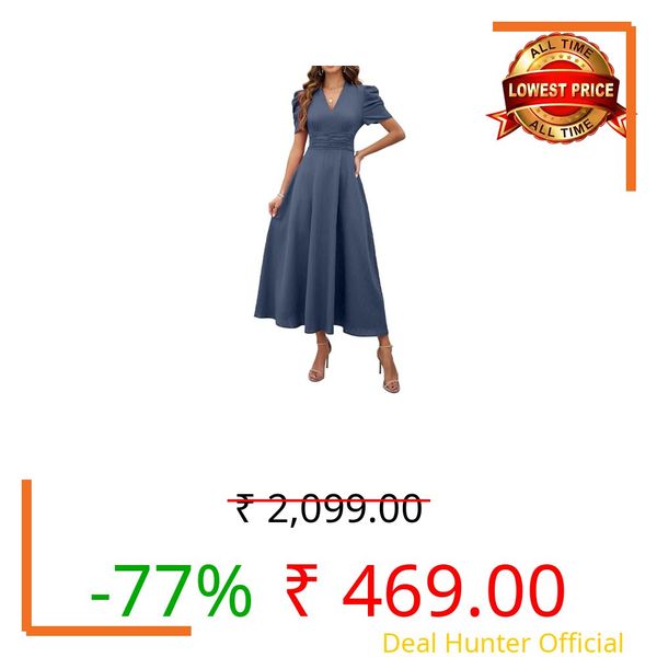 Shasmi Girl's & Women's Indigo Blue Solid Color V-Neck A-Line Maxi Dress for Women | New Year Party Outfit | Waist Cinched Puff Sleeve Western Dress | Elegant Casual Wear (Dress 246 Indigo Blue-M)